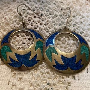 Alpaca Vintage Rare Silver Mexican Turquoise Dangling Earrings